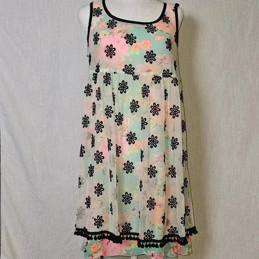 Uncle Frank Neon Floral Whimsygoth Mesh Embroidered Overlay Flirty Mini Dress XS - Picture 2 of 15